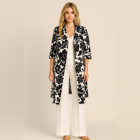 Kasper Jackets & Blazers - Kasper Floral Leaf Print Midi Cocktail Trench Coat Black White sz 10